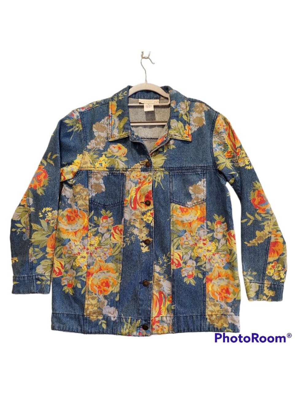 Susan Graver Womens Size M Bust 43 Floral Yellow Print Blue Denim Jacket boho